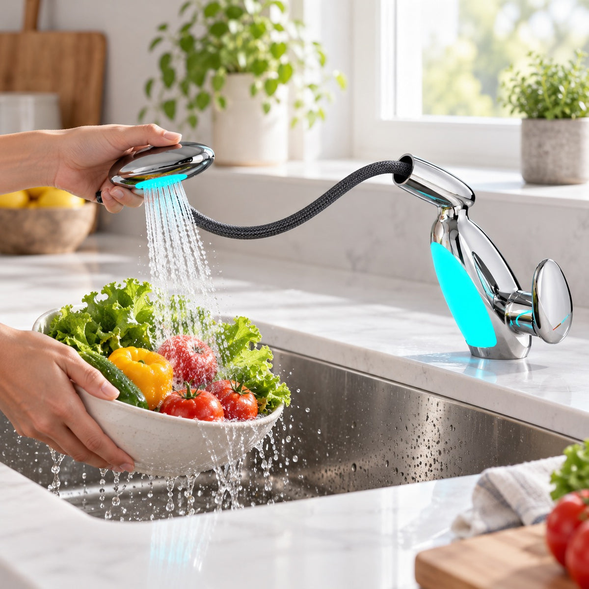 LED Pull-Out Faucet with 4 Spray Modes in a home kitchen