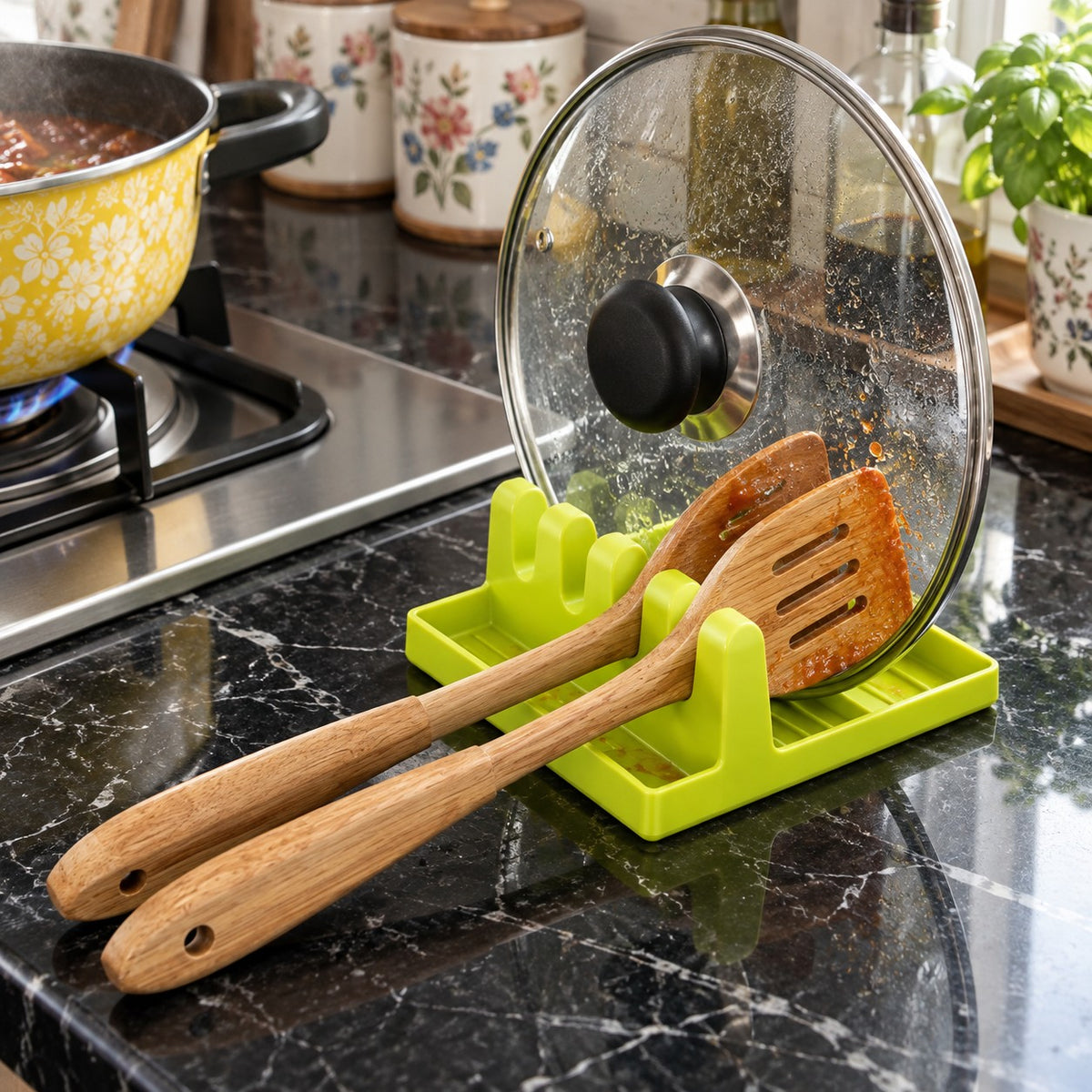 Lid and Spoon Rest with 4 Slots in a home kitchen
