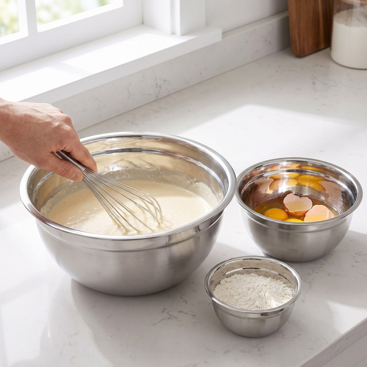Lightweight 18/8 Stainless Steel Mixing Bowls in use, whisking pancake batter with eggs and flour ready