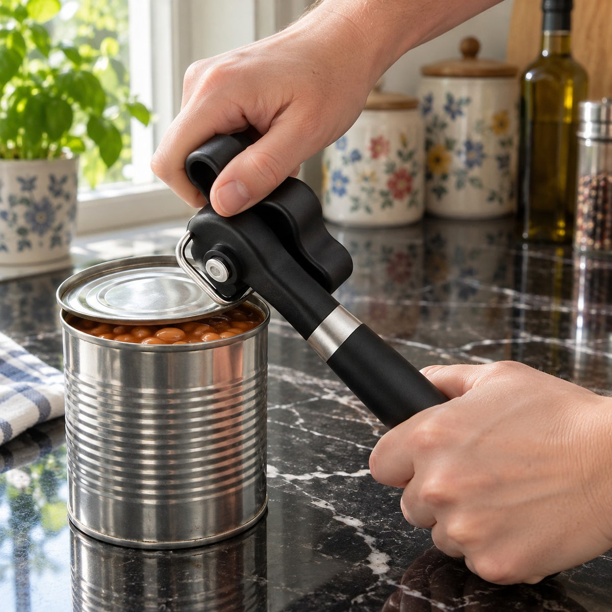 Manual Can Opener with Smooth-Edge Cut in a home kitchen