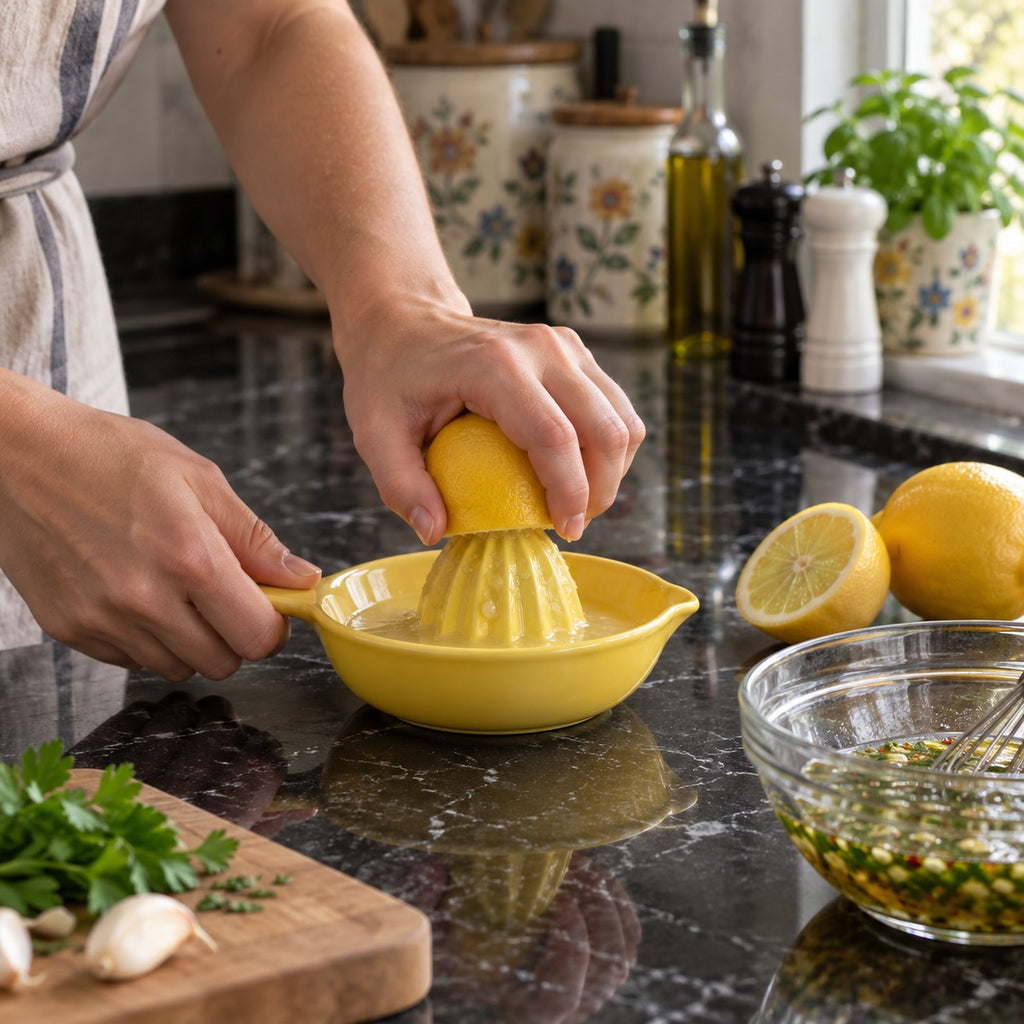 Manual Citrus Juicer with Built-In Reservoir and Pour Spout in a home kitchen