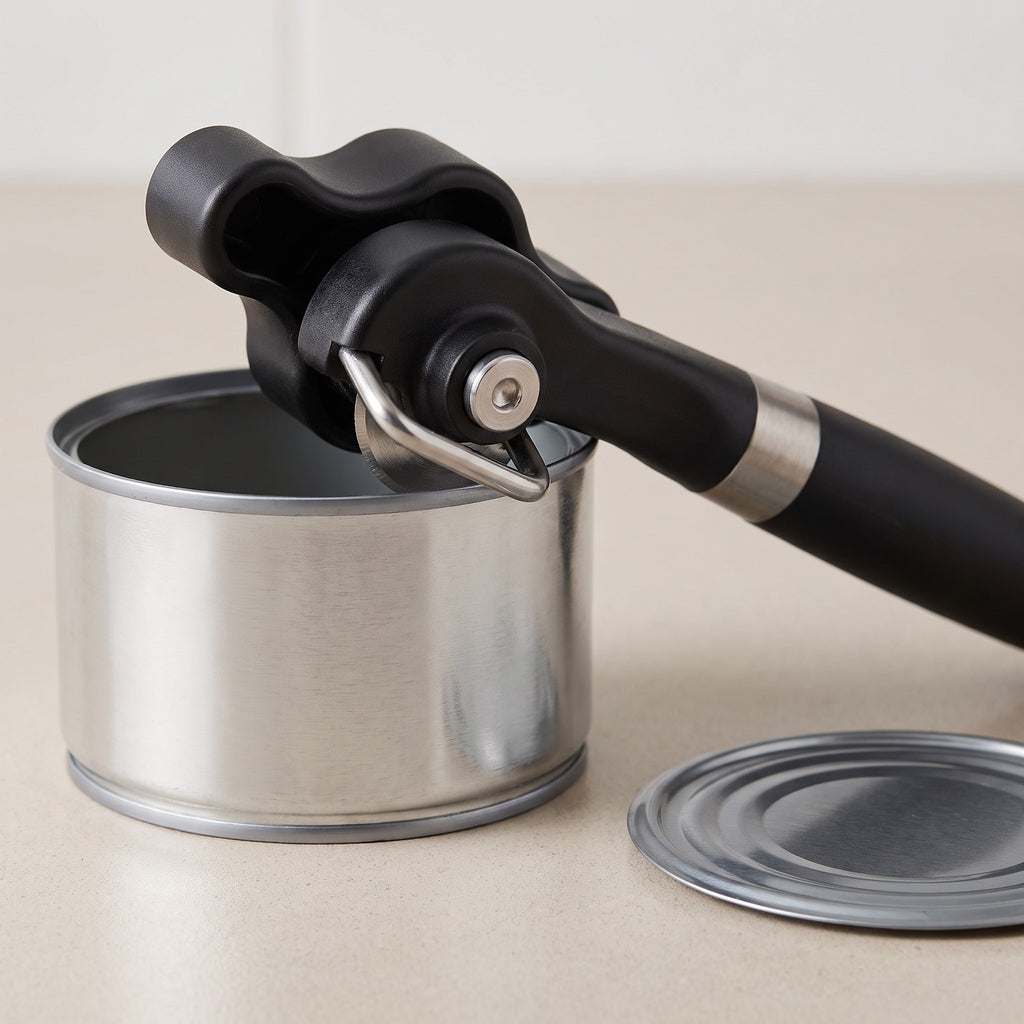 Manual Smooth-Edge Can Opener with Non-Slip Handle - close-up of the stainless steel cutting wheel and smooth-edge cut