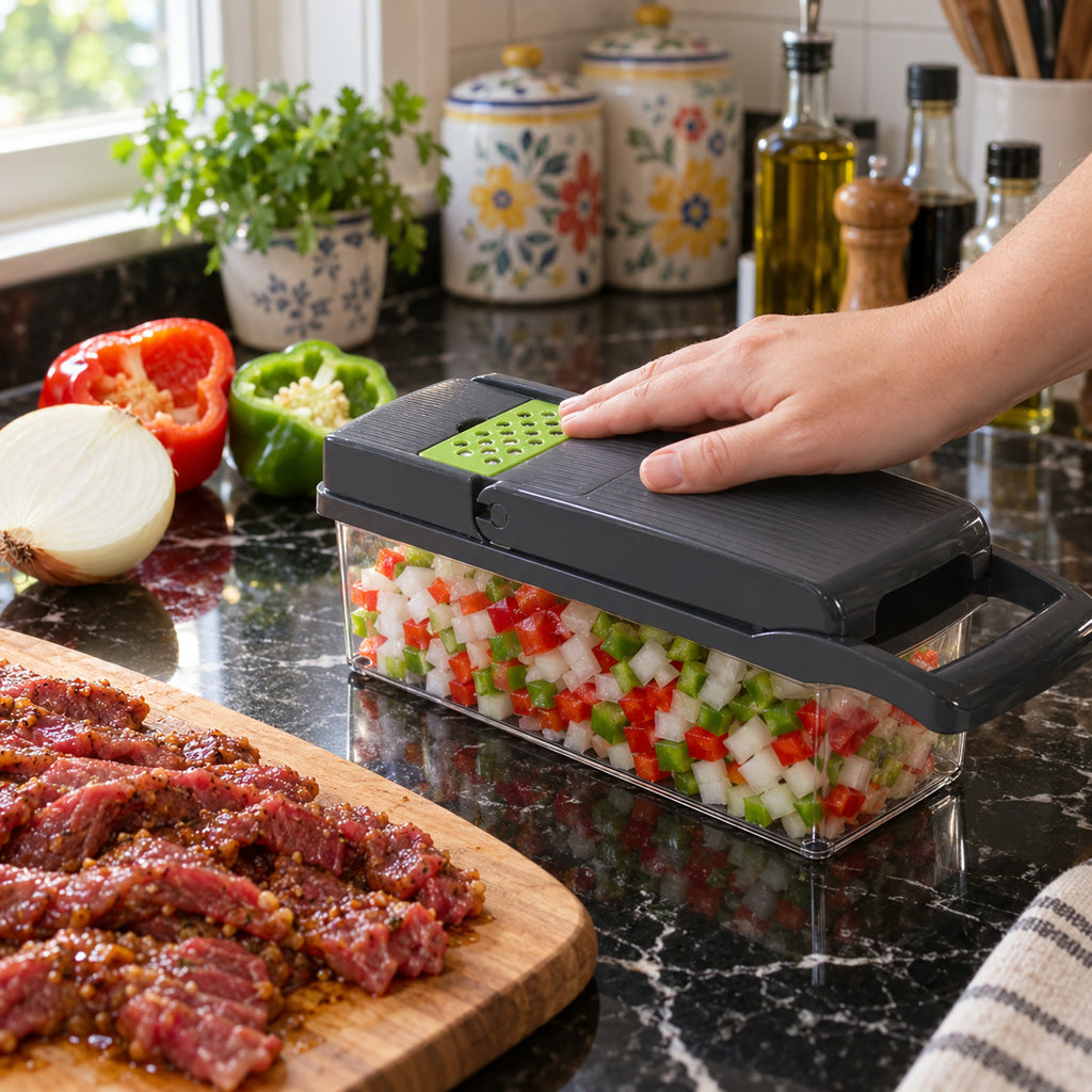 Manual Vegetable Chopper Set, diced onion and peppers for fajitas