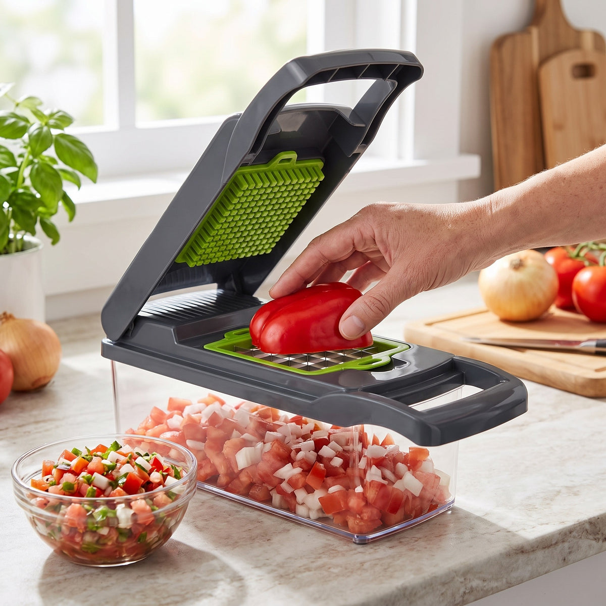 Manual Vegetable Chopper Set with Cutting Grid in use, dicing a red bell pepper for pico de gallo
