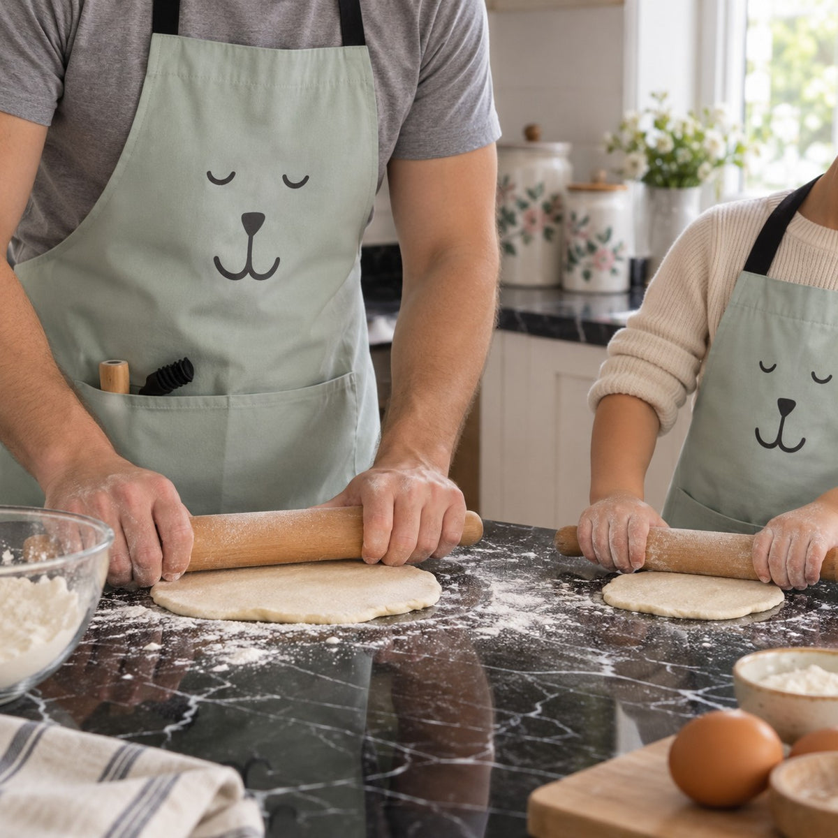 Matching Parent and Child Bear Apron in a home kitchen