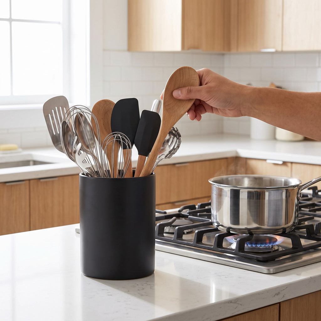 Matte Black Kitchen Utensil Holder Crock with Wide Stable Base in use, holding utensils beside the stove