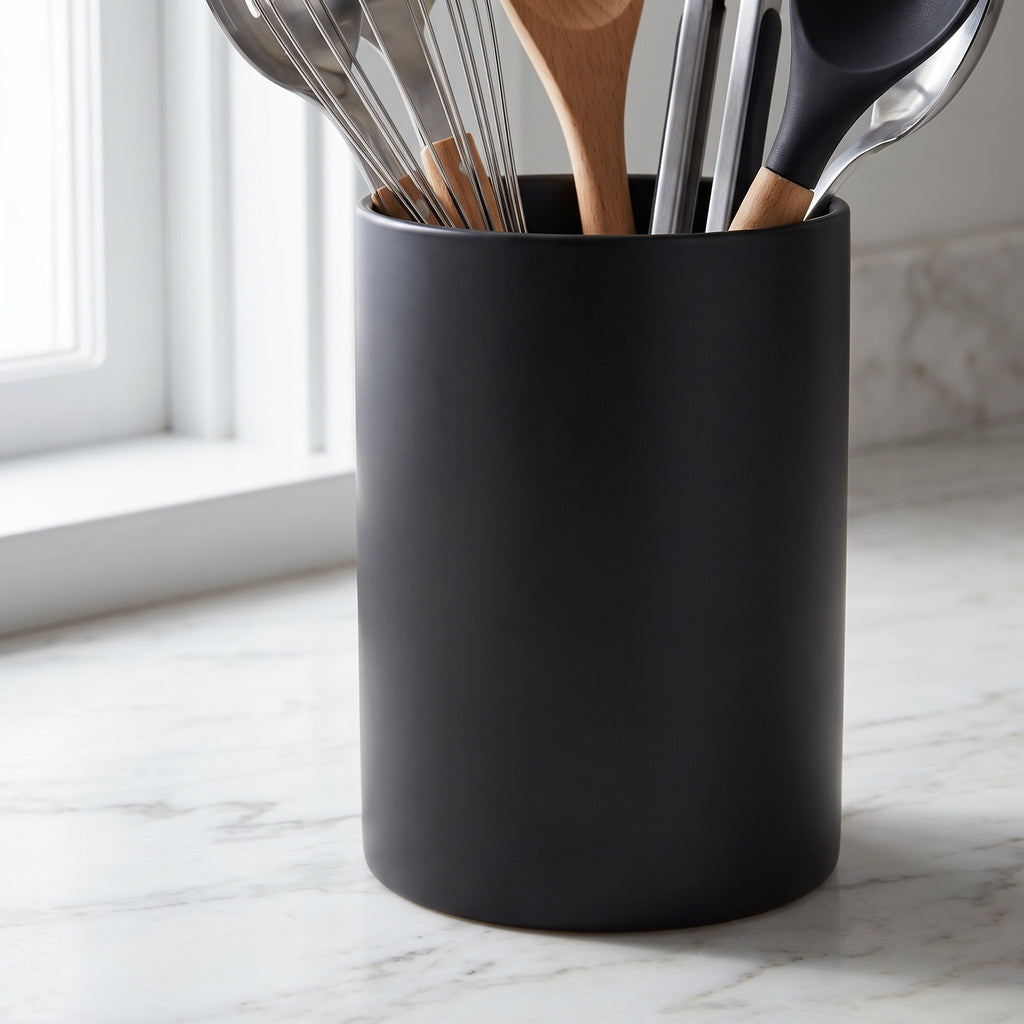 Matte Black Kitchen Utensil Holder Crock with Wide Stable Base - close-up of the matte black finish and wide base