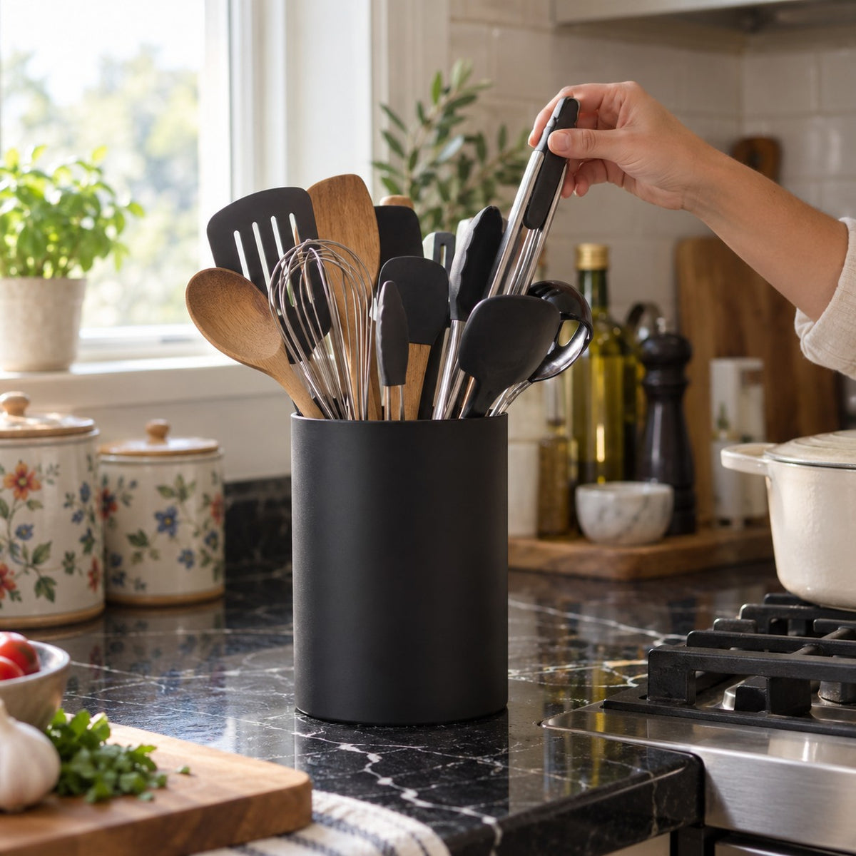 Matte Black Utensil Holder in a home kitchen