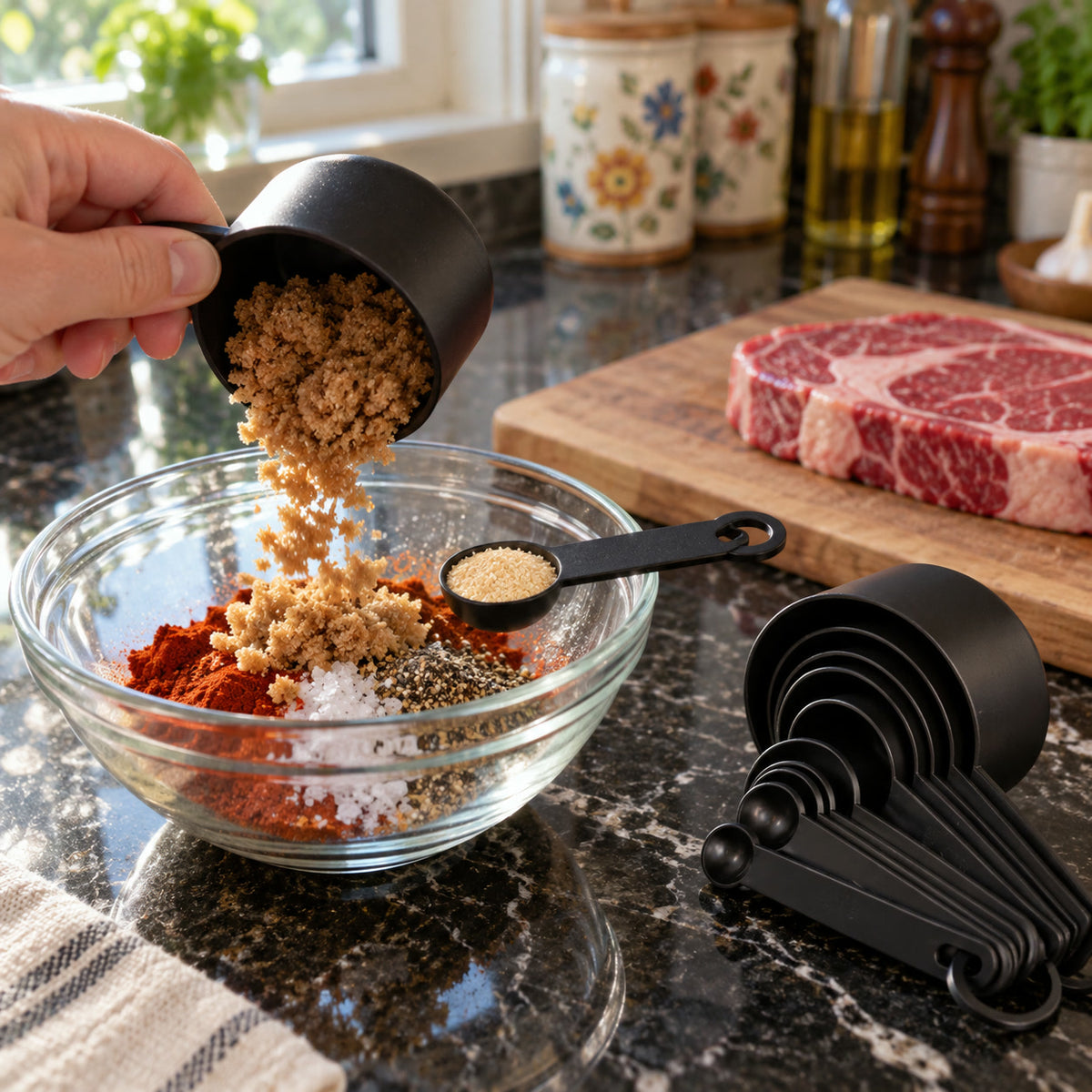 Measuring Cup and Spoon Set, measuring brown sugar into a steak rub