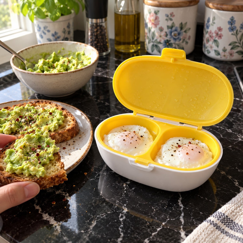 Double-Cup Microwave Egg Poacher with Steam-Release Lid in a home kitchen