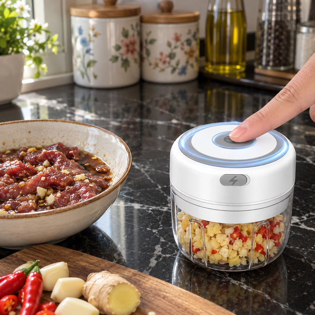 Mini Electric Garlic Chopper, 250 ml, Rechargeable in a home kitchen