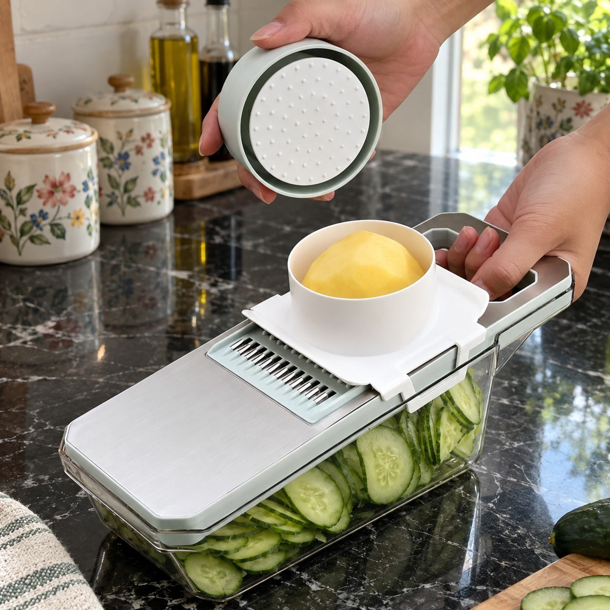 Multi-Blade Vegetable Slicer with Container in a home kitchen