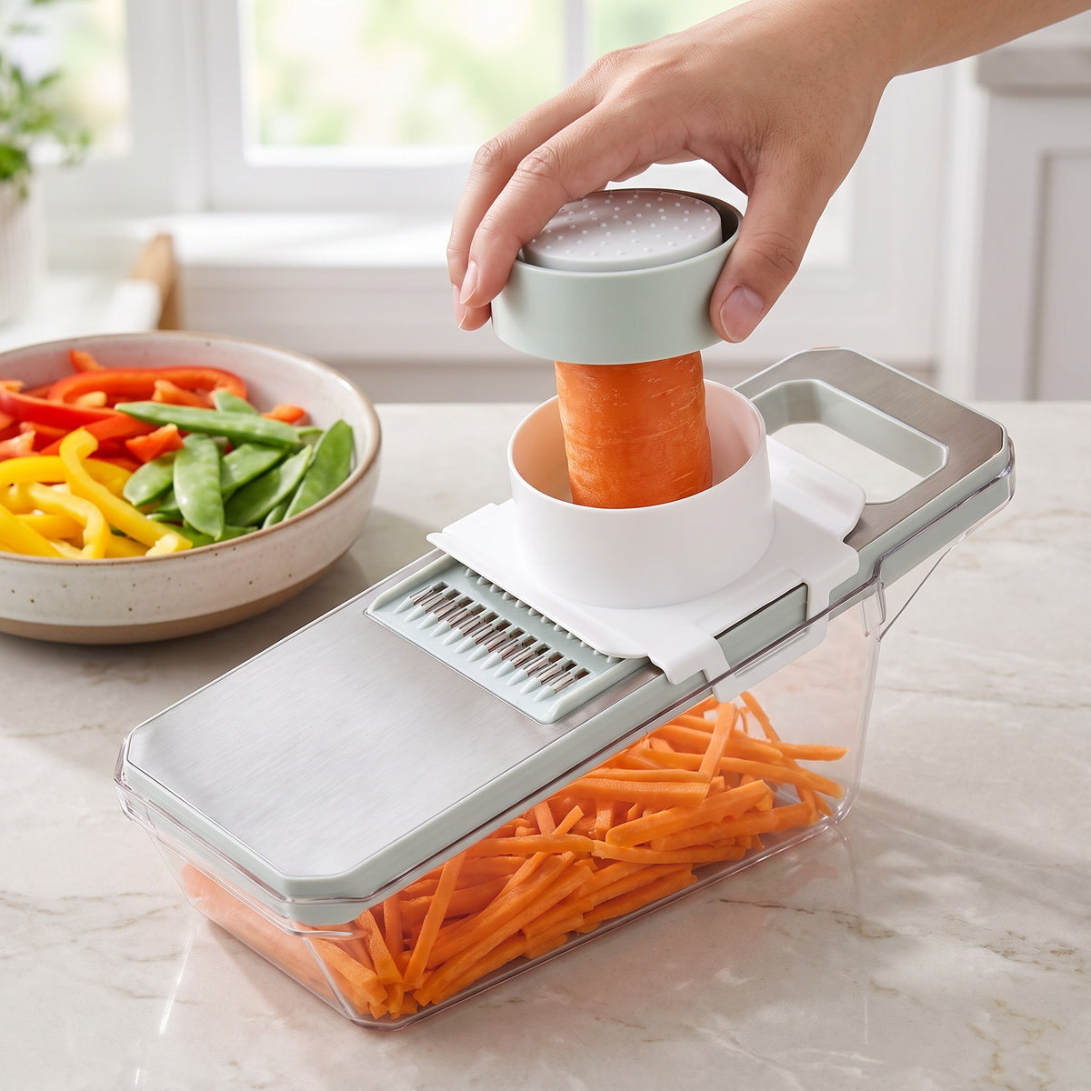 Multi-Blade Vegetable Slicer with Container in use, julienning a carrot with the safety pusher