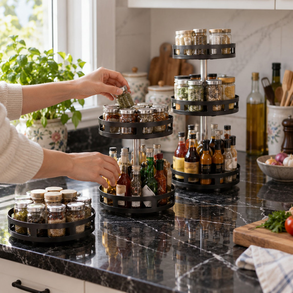 Multi-Tier Lazy Susan Spice Organizer in a home kitchen