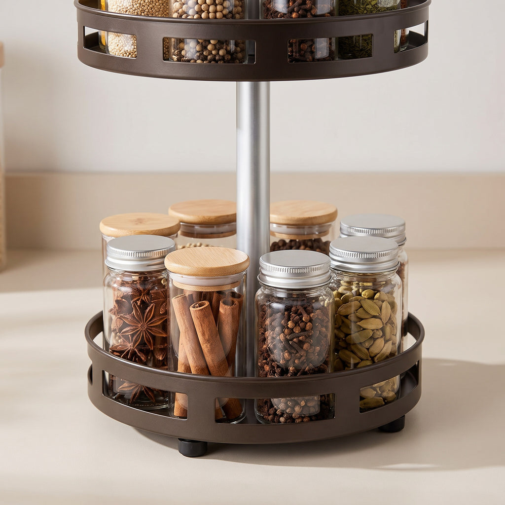 Multi-Tier Lazy Susan Spice Organizer with Sturdy Frame - close-up of the raised rim, metal tray and central pole