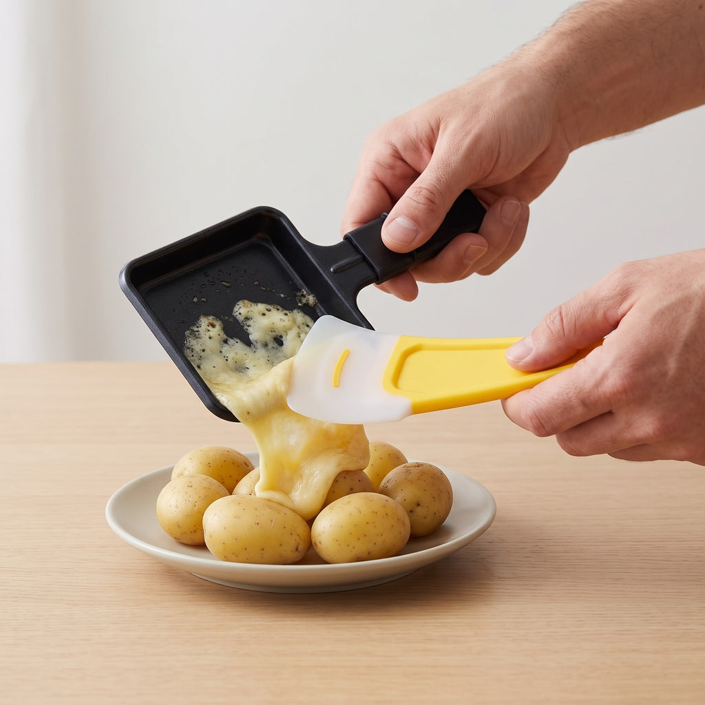 Non-Scratch Nylon Raclette Spatula for Tabletop Grills in use, sliding melted cheese onto potatoes
