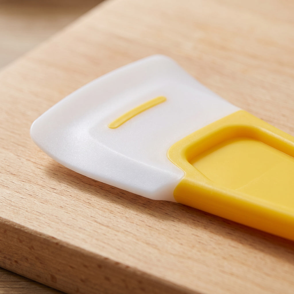 Non-Scratch Nylon Raclette Spatula for Tabletop Grills - close-up of the thin flexible nylon edge and yellow grip
