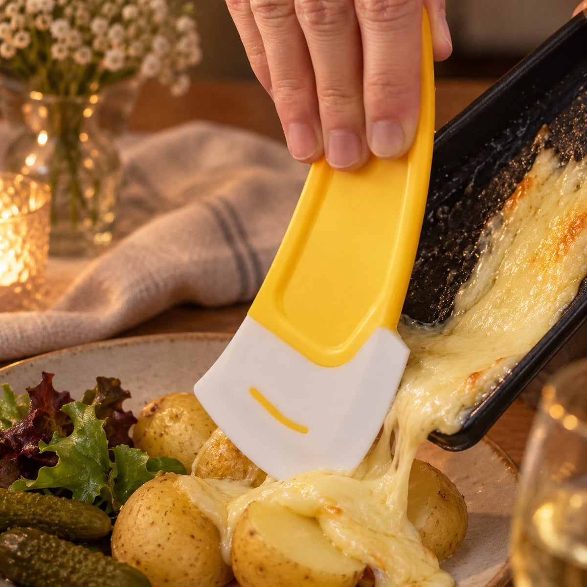 Non-Scratch Raclette Spatula in a home kitchen