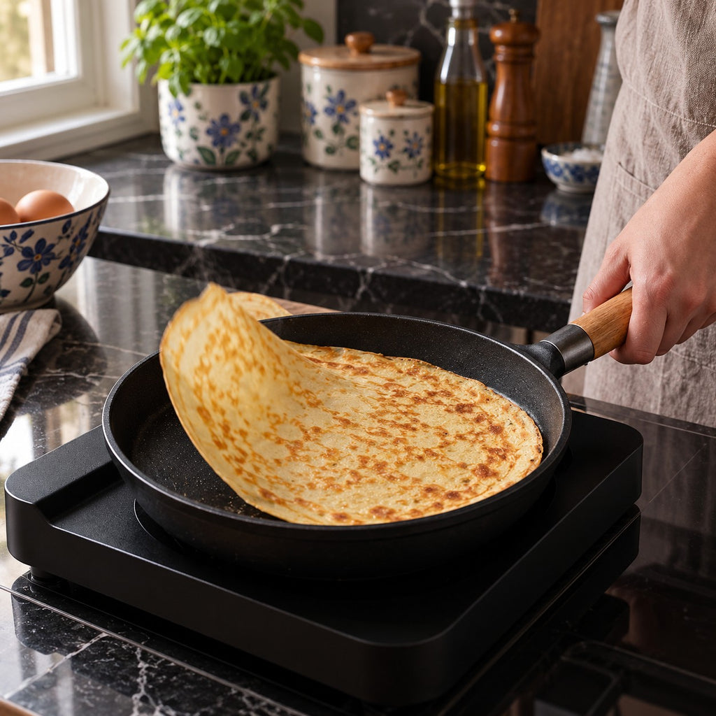 Induction Non-Stick Crepe Pan with Low Sloped Edges in a home kitchen
