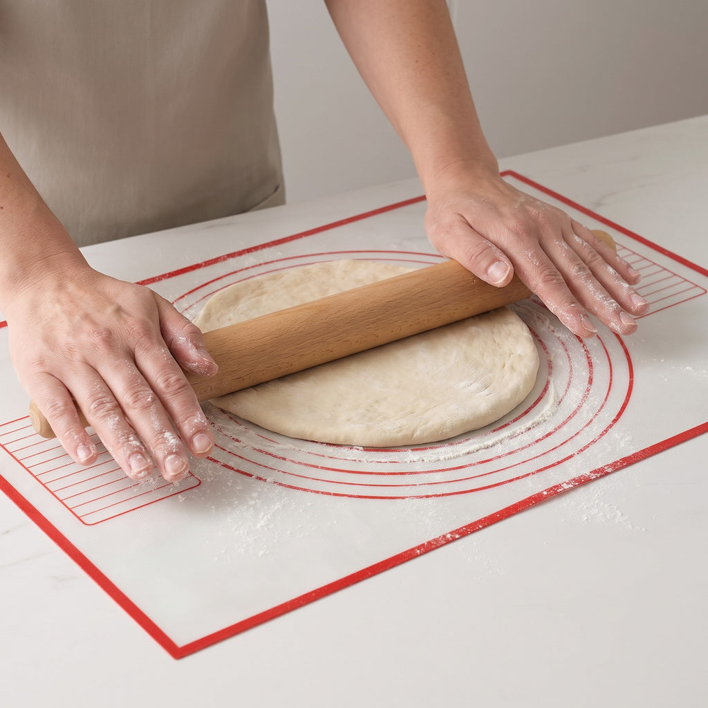 Non-Stick Silicone Pastry and Kneading Mat with Guide Circles in use, rolling out pizza dough inside the guide circles