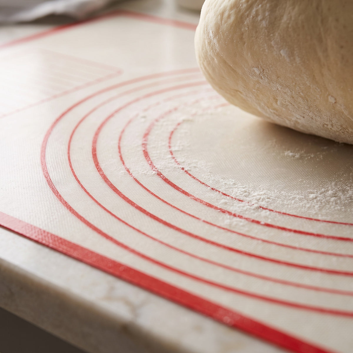 Non-Stick Silicone Pastry and Kneading Mat with Guide Circles - close-up of the red guide circles and floured silicone under bread dough