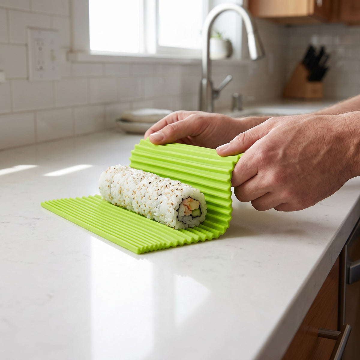 Nonstick Silicone Sushi Rolling Mat for Maki and Kimbap in use, rolling a California roll on the kitchen counter