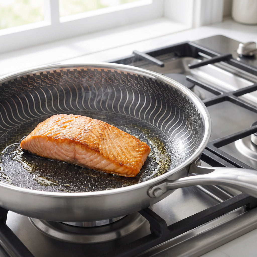 Oven-Safe Induction Stainless Steel Frying Pan - close-up of the textured stainless steel cooking surface searing a salmon fillet