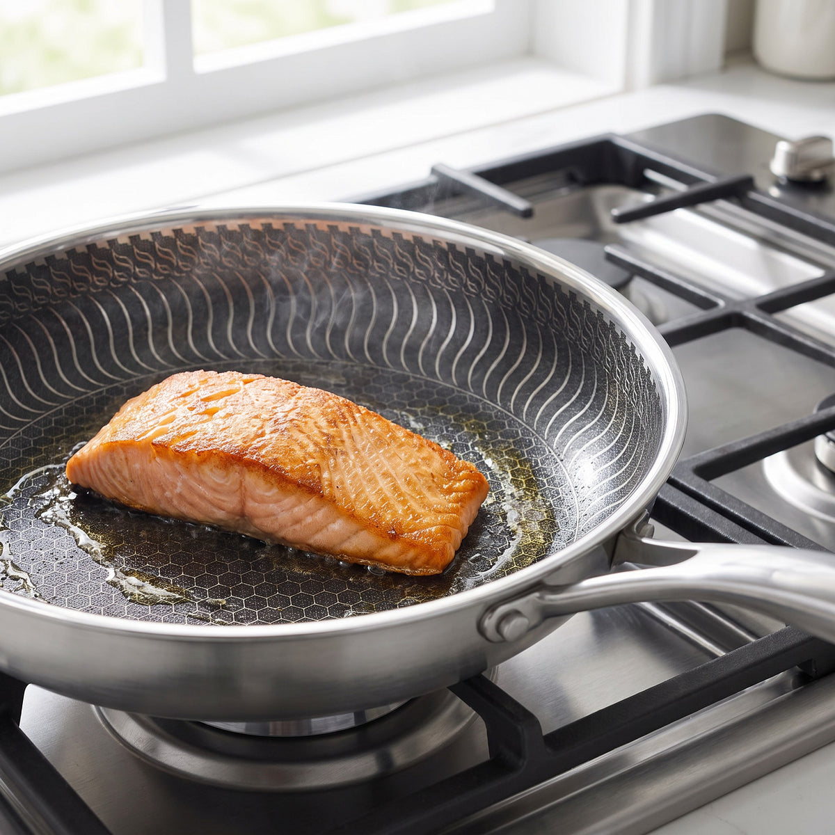 Oven-Safe Induction Stainless Steel Frying Pan - close-up of the textured stainless steel cooking surface searing a salmon fillet