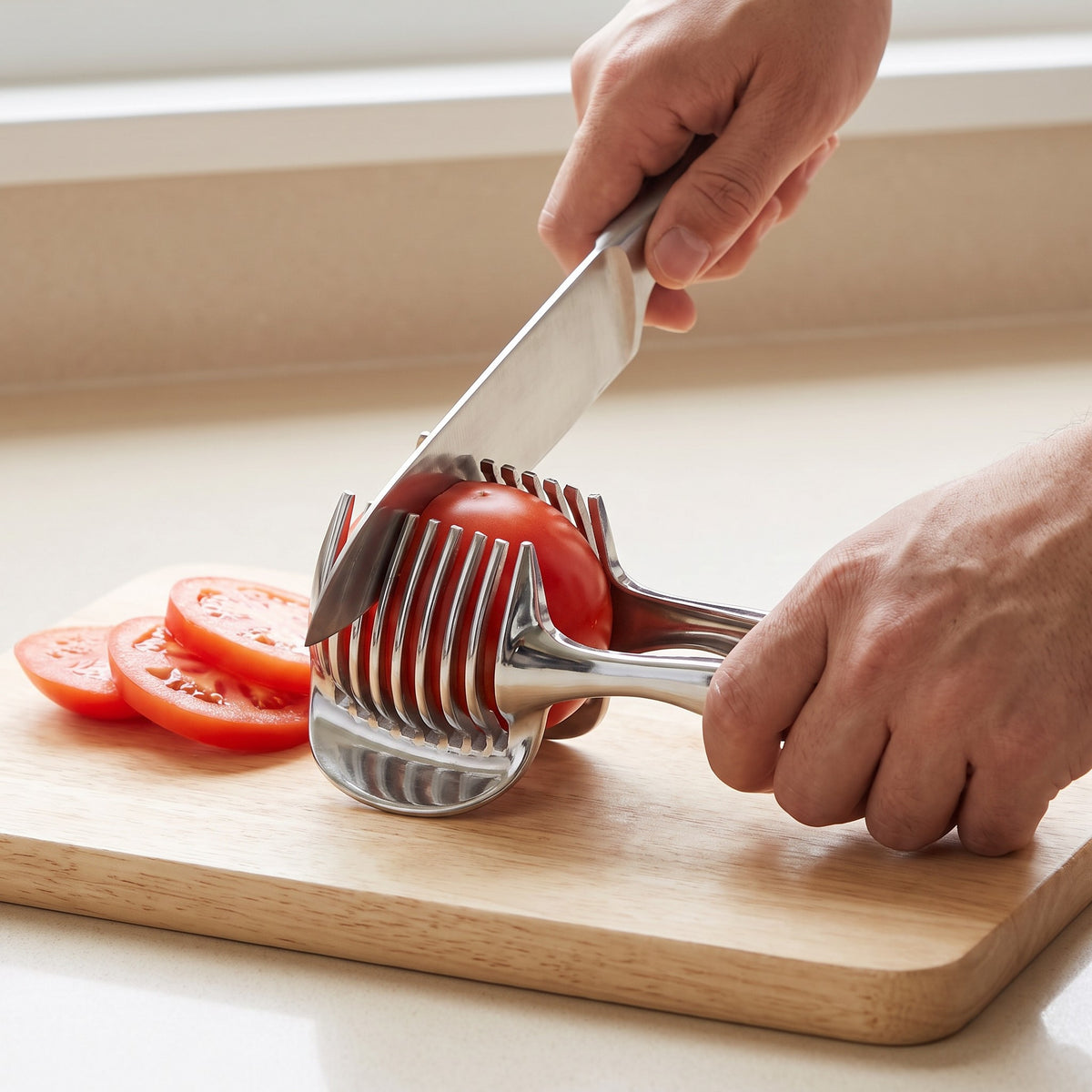 Parallel-Blade Tomato and Lemon Slicer with Food Holder in use, slicing a tomato through the parallel guides