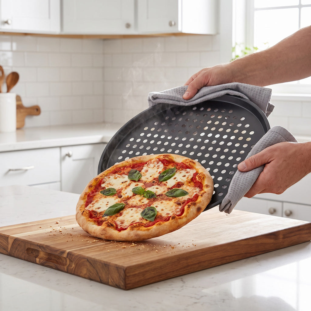 Perforated Non-Stick Carbon Steel Pizza Pan for Crisp Crusts in use, sliding a baked margherita pizza onto a wooden board