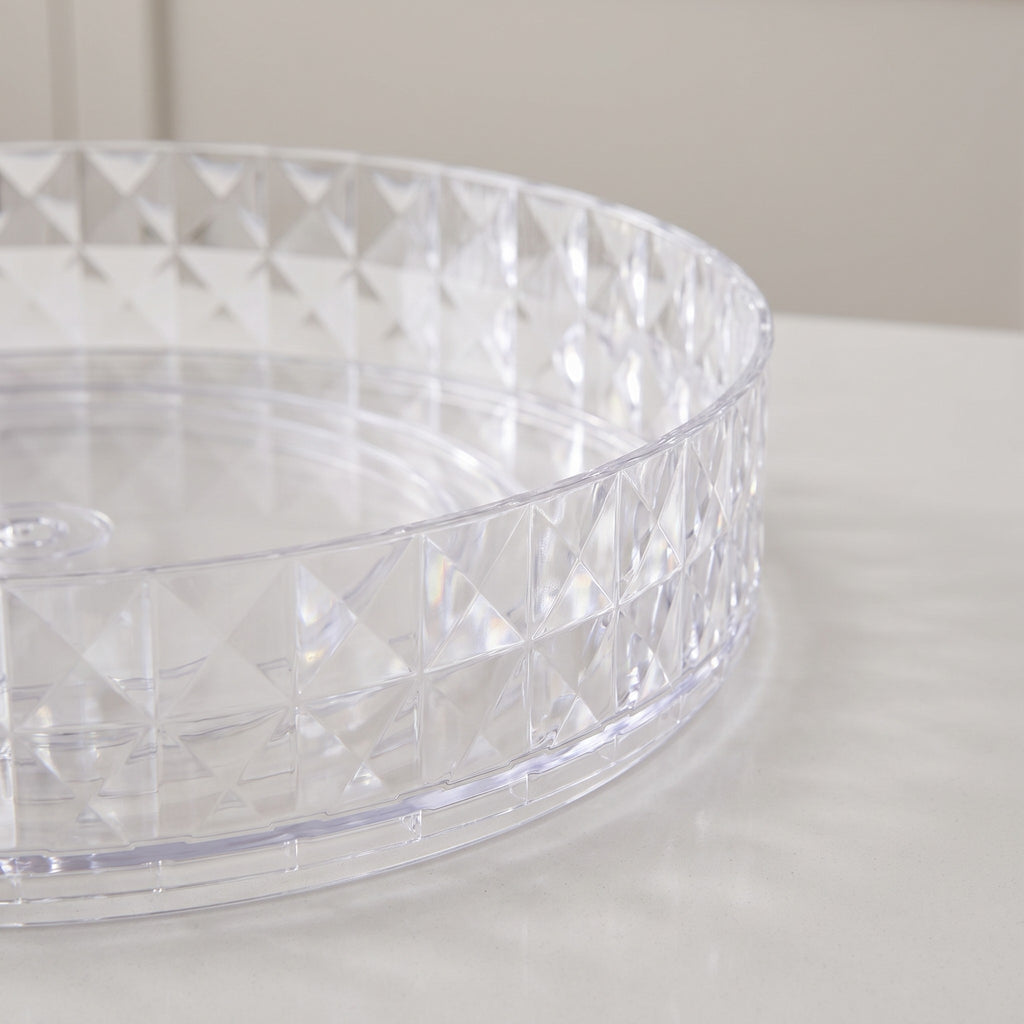 Plastic Lazy Susan Turntable Organizer with Raised Rim - close-up of the faceted clear plastic raised rim