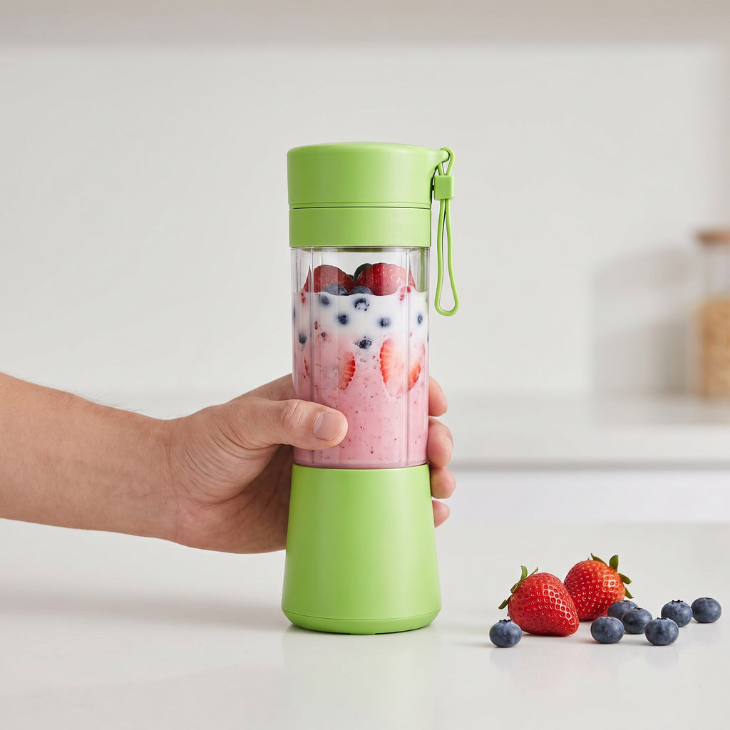 Portable 380 ml USB Rechargeable Blender with 6 Blades in use, blending strawberries and blueberries into a smoothie