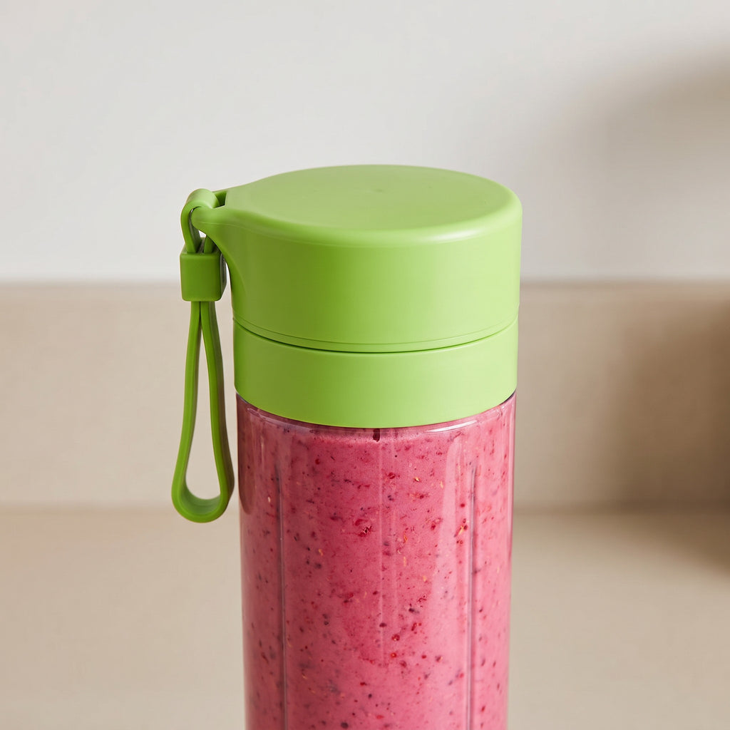 Portable 380 ml USB Rechargeable Blender with 6 Blades - close-up of the clear cup, screw-on lid and carrying loop