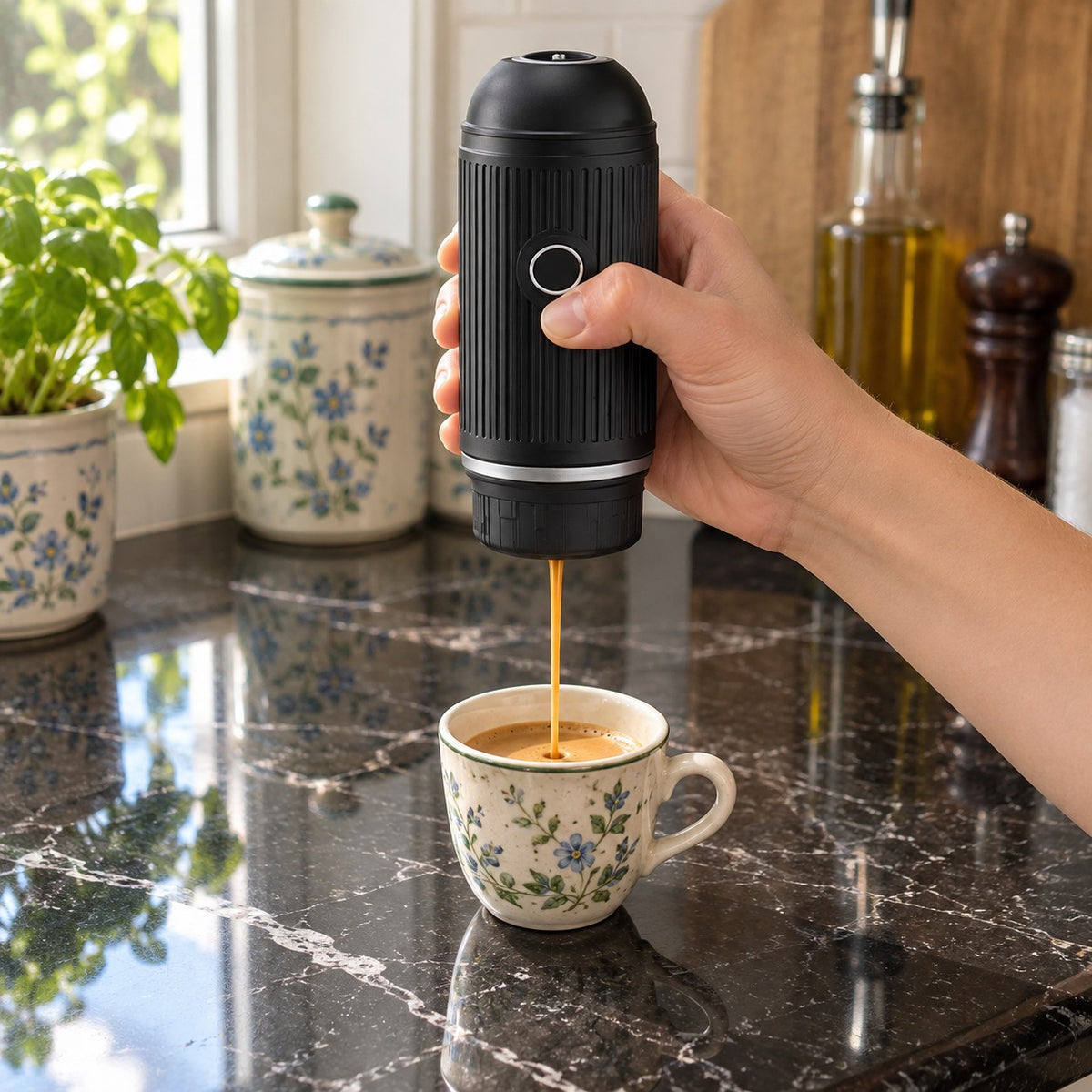 Portable Rechargeable Espresso Maker in a home kitchen