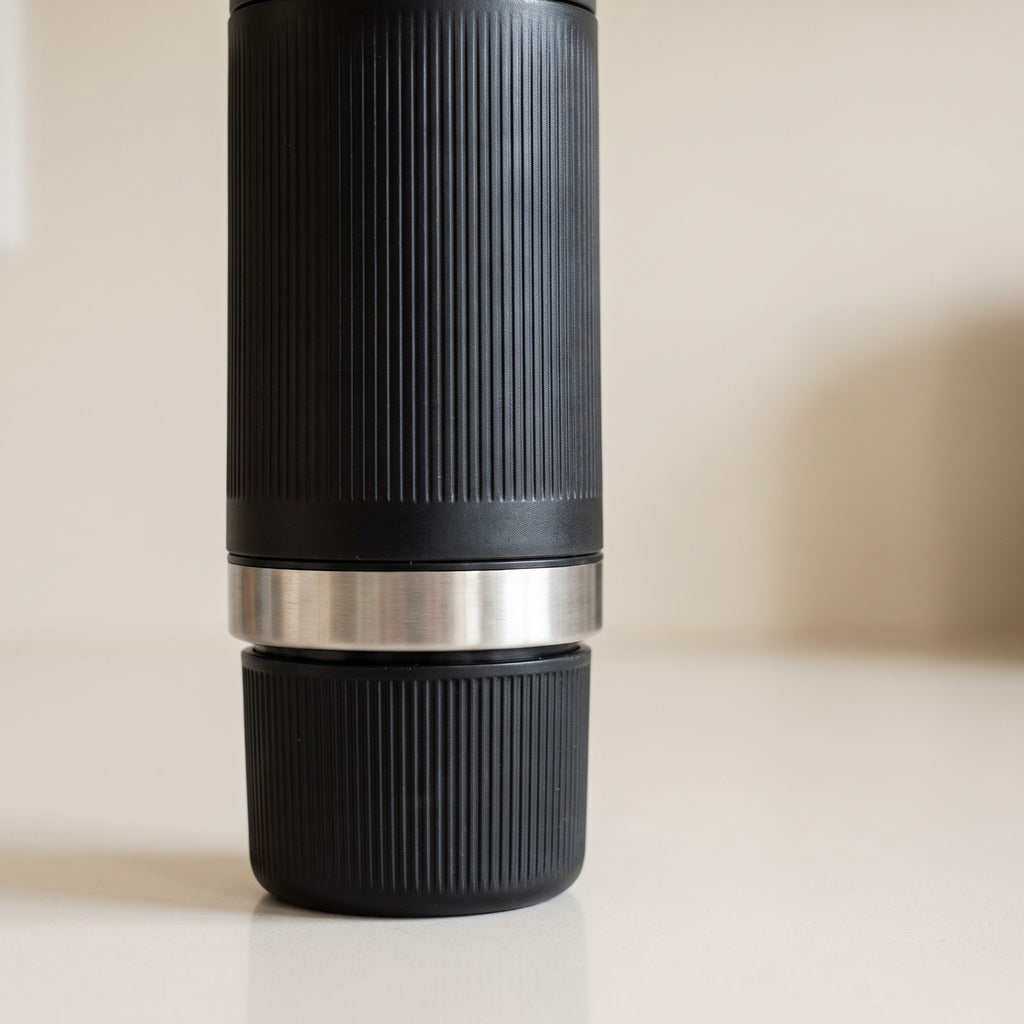 Portable Rechargeable Espresso Maker with Built-In Cup - close-up of the ribbed non-slip grip and built-in cup