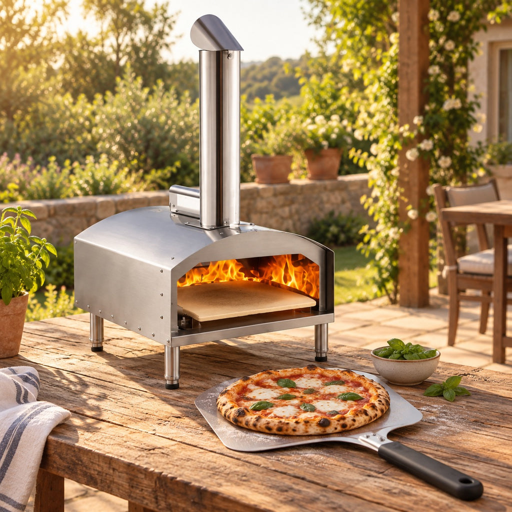 Portable Wood Pellet Pizza Oven on a backyard patio