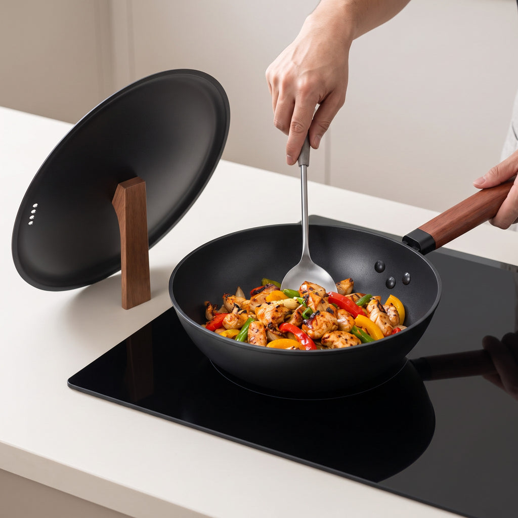 Pre-Seasoned Carbon Steel Wok with Upright Lid in use, stir-frying chicken and peppers with the lid standing upright