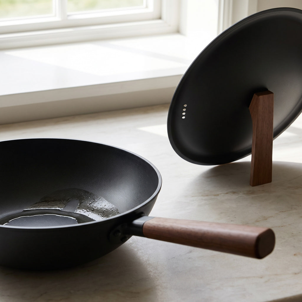 Pre-Seasoned Carbon Steel Wok with Upright Lid - close-up of the pre-seasoned black carbon steel and the upright lid
