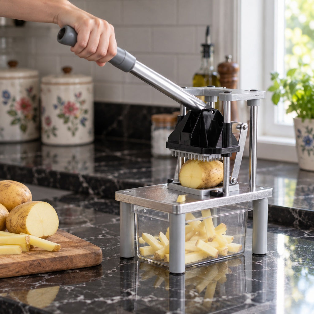 French Fry Cutter with Long Lever and Interchangeable Blades in a home kitchen