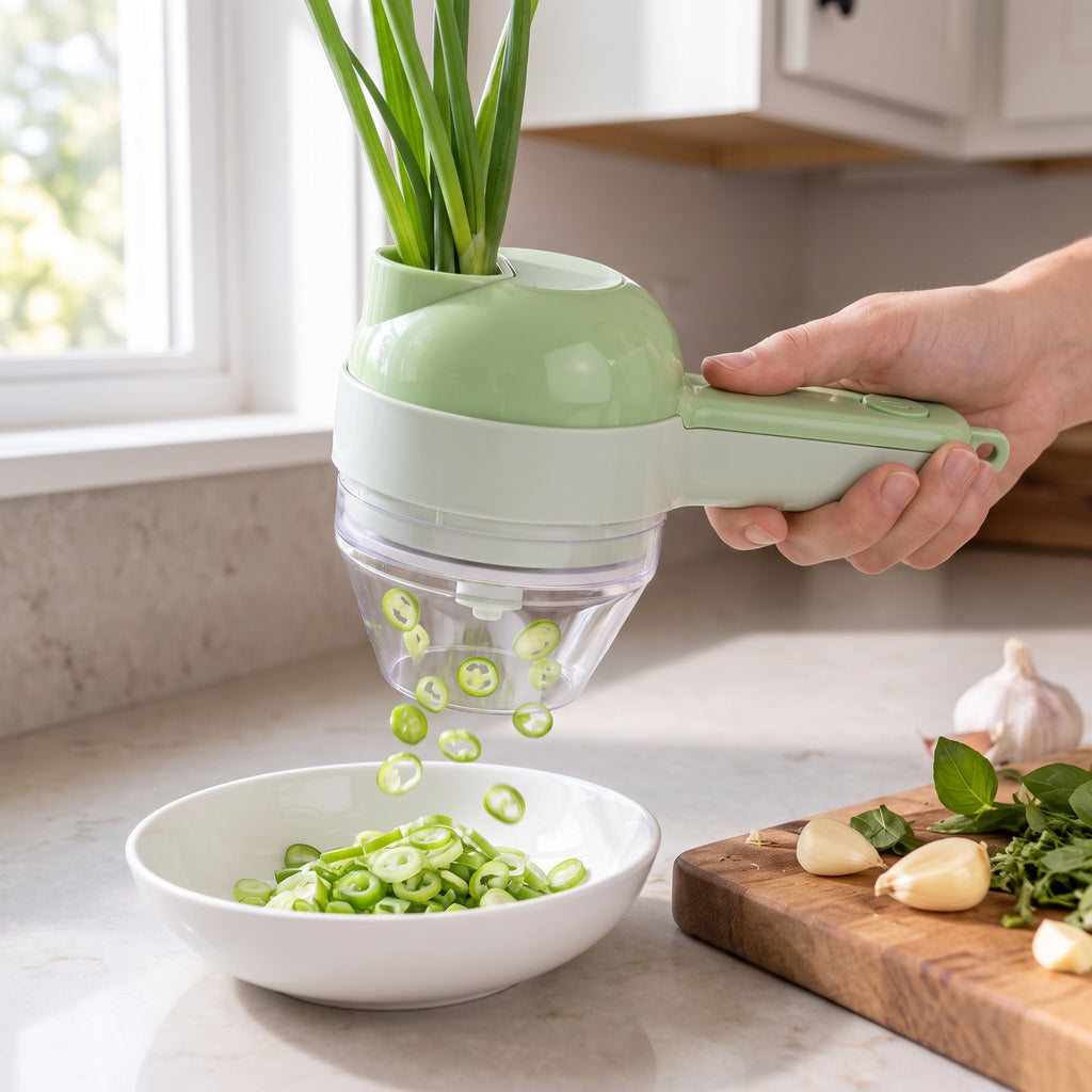 Rechargeable 5-in-1 Electric Vegetable Chopper with Clear Container in use, cutting green onions into a bowl