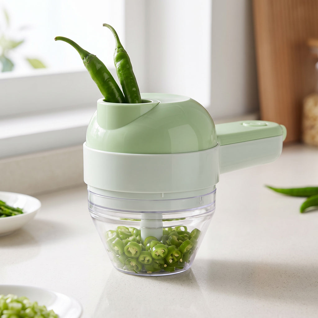 Rechargeable 5-in-1 Electric Vegetable Chopper with Clear Container - close-up of the food-grade plastic body and clear container