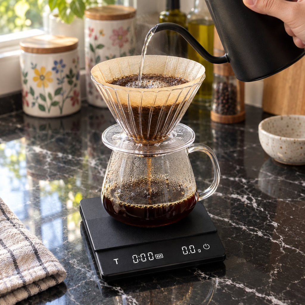 Rechargeable Coffee Scale, 0.1 g Precision in a home kitchen