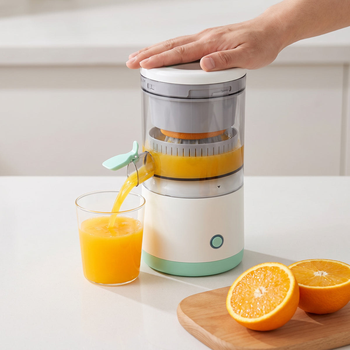 Rechargeable Electric Citrus Juicer with Spiral Reamer in use, juicing an orange into a glass