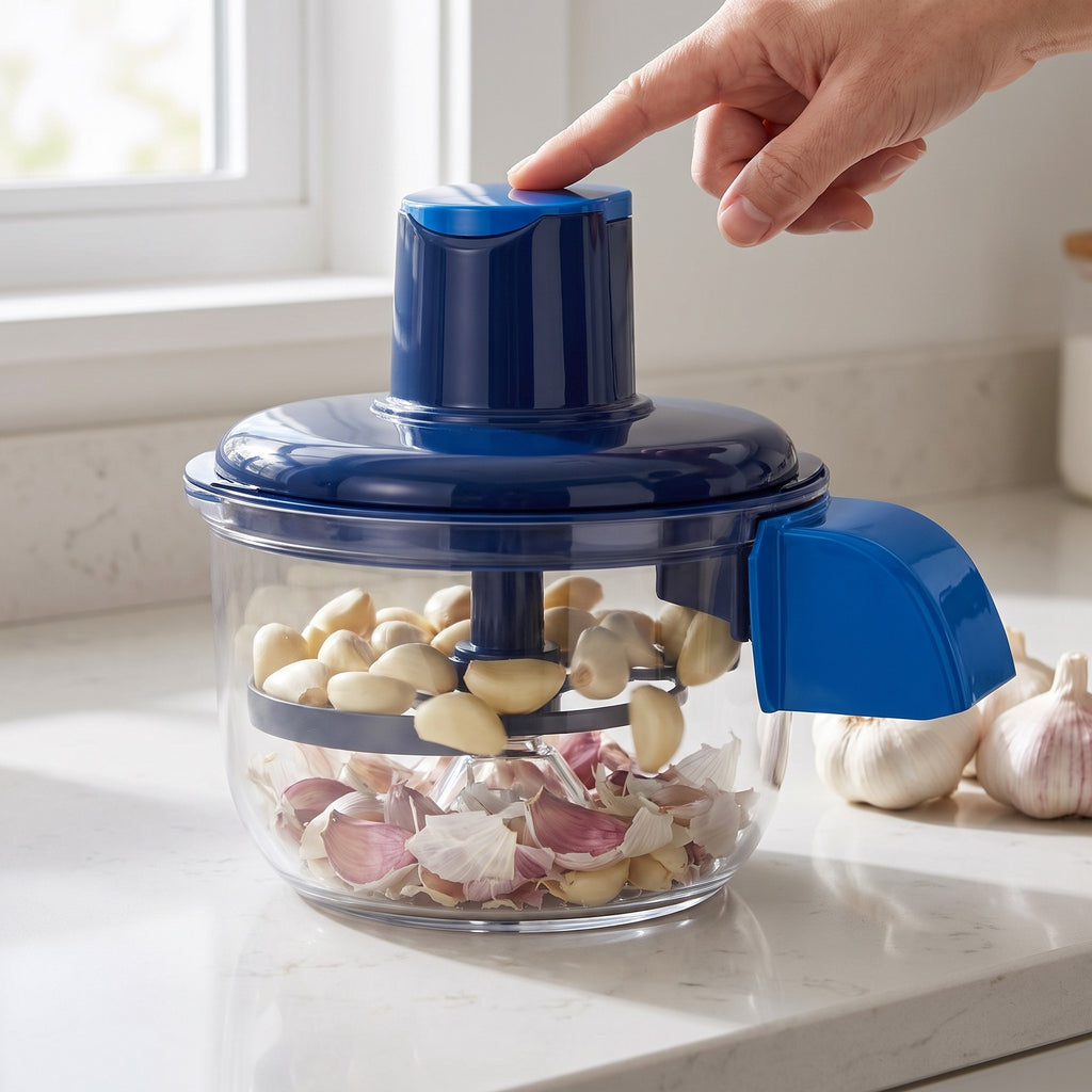 Rechargeable Electric Fruit and Vegetable Peeler with Five-Blade Head in use, peeling garlic cloves at the push of a button