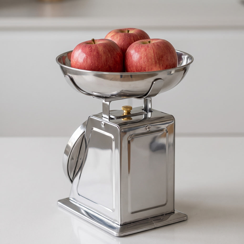 Retro Mechanical Dial Kitchen Scale with Large Bowl - close-up of the polished stainless steel body, bowl and brass zero knob
