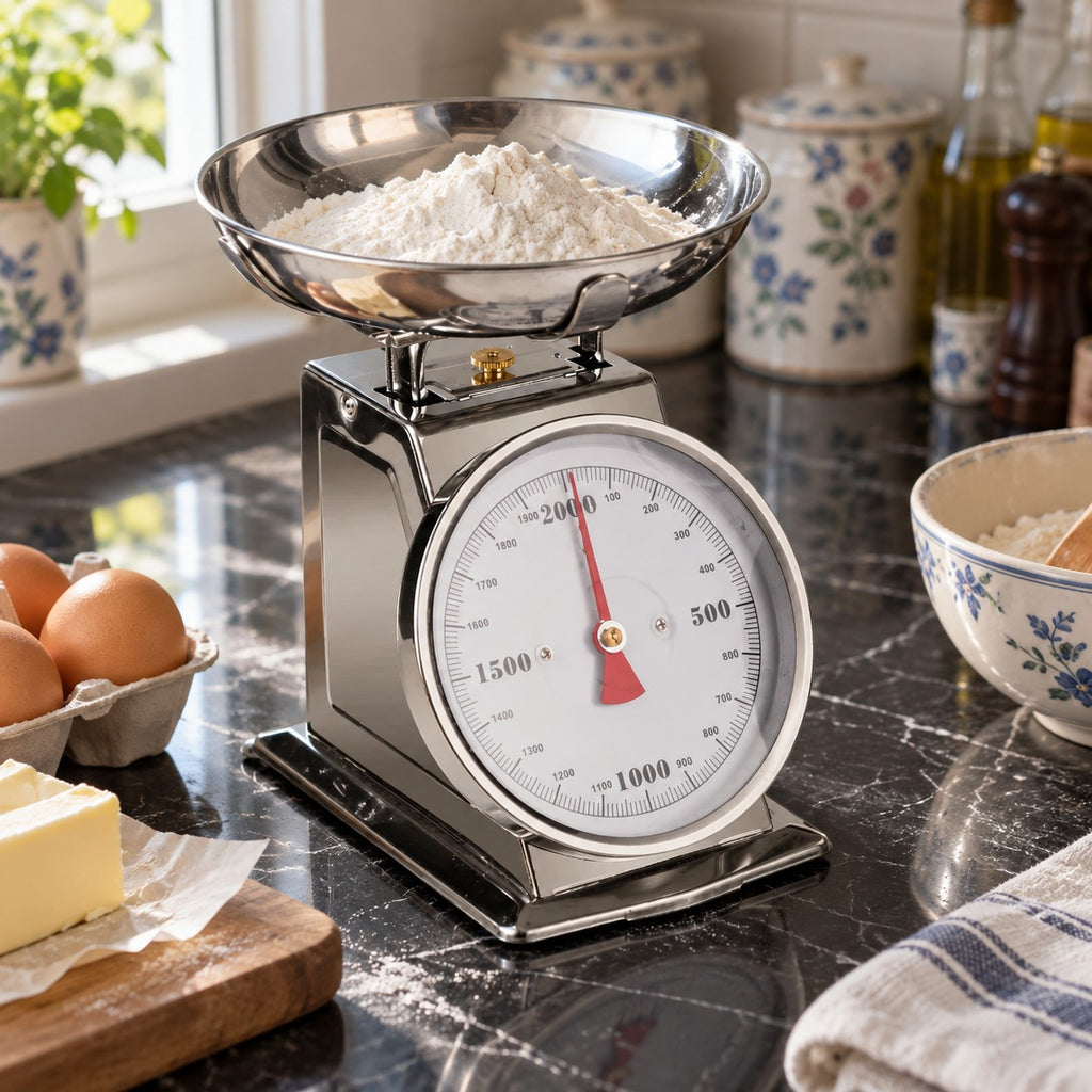 Retro Mechanical Dial Kitchen Scale with Large Bowl in a home kitchen