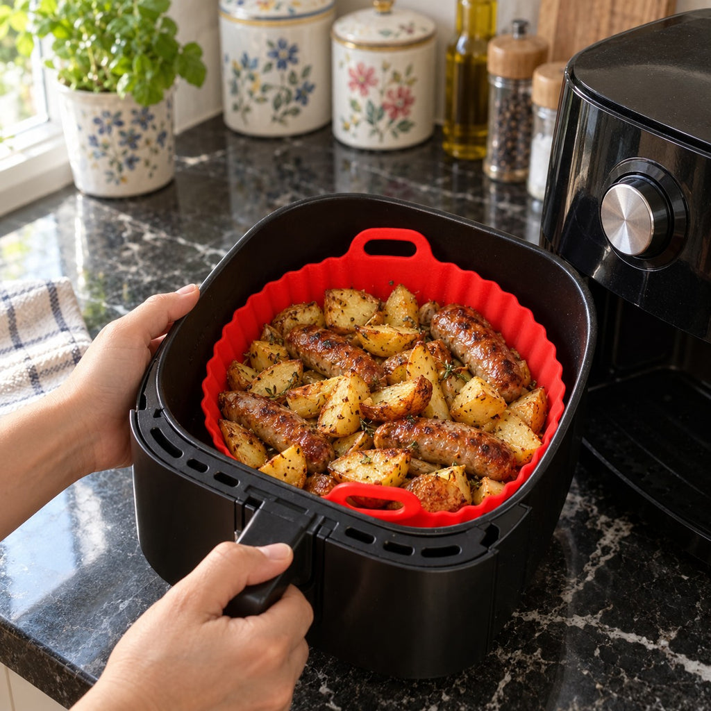 Reusable Silicone Air Fryer Liners Set of 2 with Handles in a home kitchen