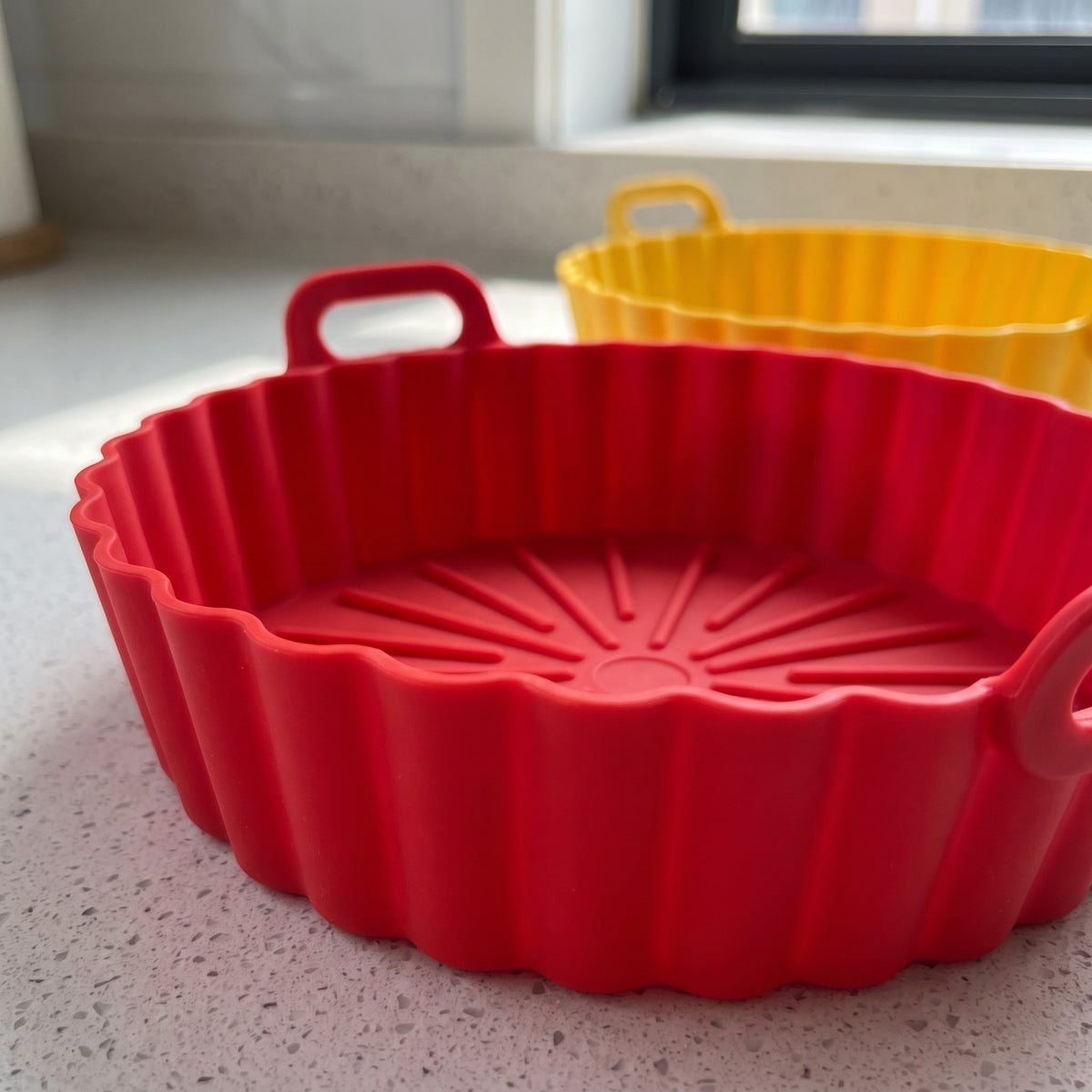 Reusable Silicone Air Fryer Liners Set of 2 with Handles - close-up of the ridged silicone edge, loop handle and ribbed base