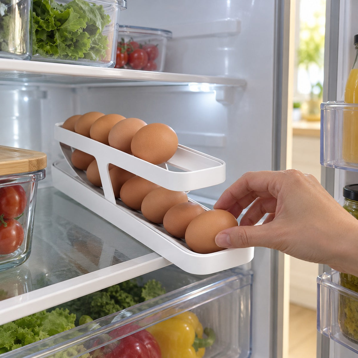 Rolling Egg Dispenser for Fridge in a home kitchen