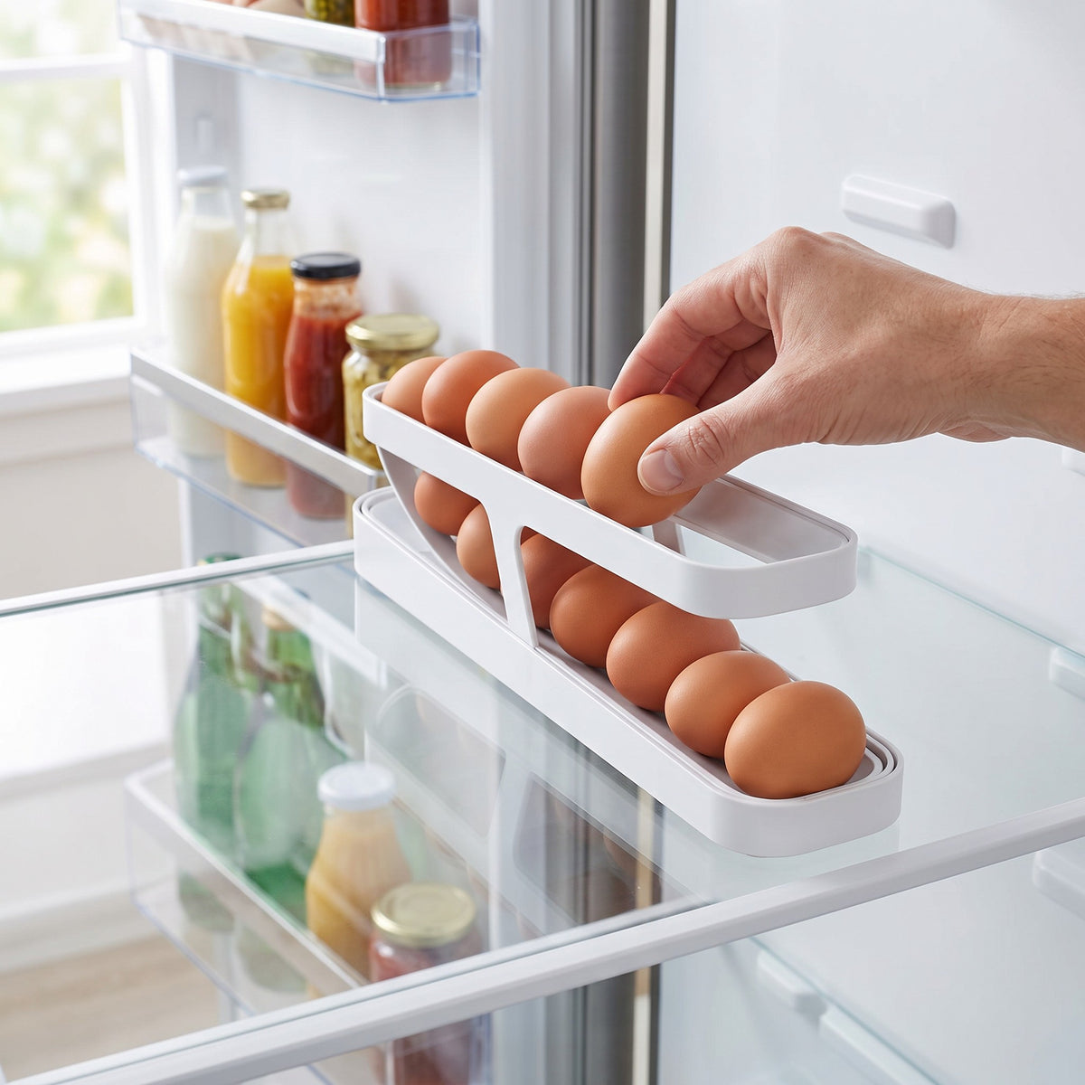 Rolling Egg Holder and Dispenser for Fridge with Non-Slip Base in use, adding an egg on a fridge shelf